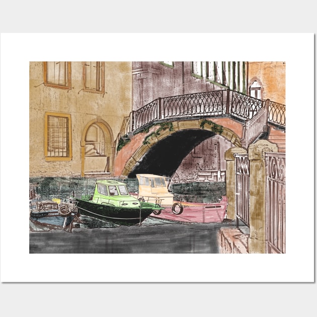 Boats In Waterway - An Illustration Wall Art by Green Gecko Creative